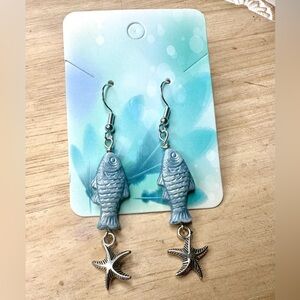 Hand crafted Czech Glass Light Blue Fish Earrings with Starfish Charms